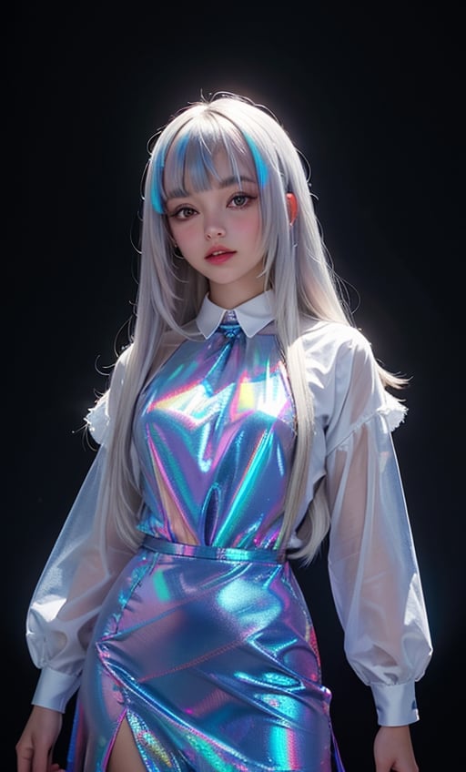 (masterpiece),(best quality), 

1girl, solo, long hair, looking at viewer, closed mouth, upper body, white hair, blunt bangs, lips, portrait, 

hologram skirt,portrait,(dress hologram:1.2), bioluminescent liquid