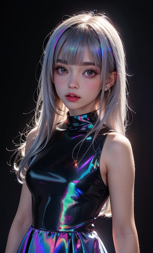 (masterpiece),(best quality), 

1girl, solo, long hair, looking at viewer, closed mouth, upper body, white hair, blunt bangs, lips, portrait, 

hologram skirt,portrait,(dress hologram:1.2), bioluminescent liquid