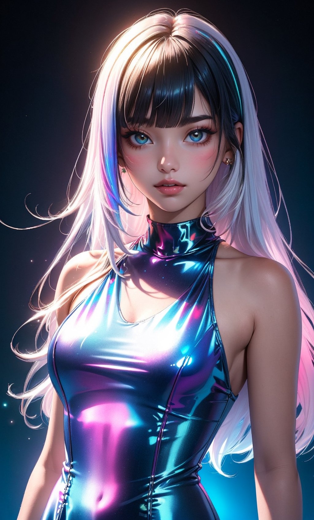 (masterpiece),(best quality), 

1girl, solo, long hair, looking at viewer, closed mouth, upper body, white hair, blunt bangs, lips, portrait, 

hologram swimsuit,portrait,(dress hologram:1.2), bioluminescent liquid