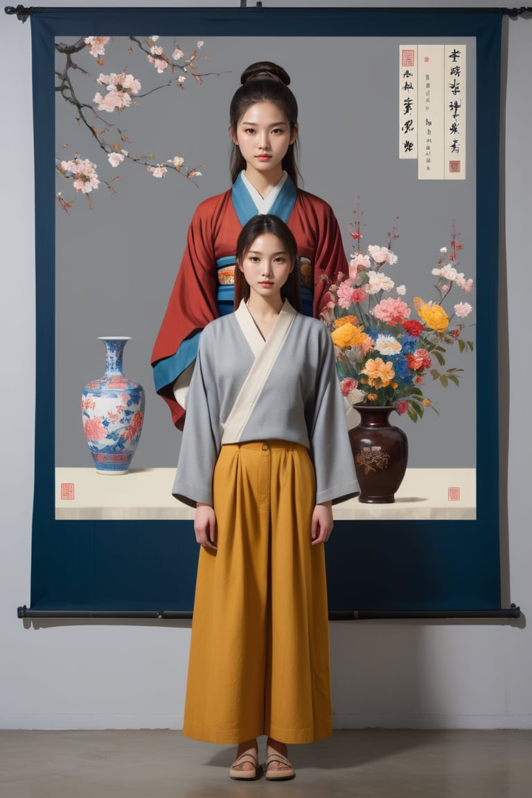 Han Wu Shen inspired, Art exhibition poster, She's a beautiful young teen European-Japanese woman. in a gallery. in front of the tapestries hung on the walls. looking at us. he is standing. We see the woman's entire body. There is a vase and flowers right next to it. gray walls. There is cinematic lighting.