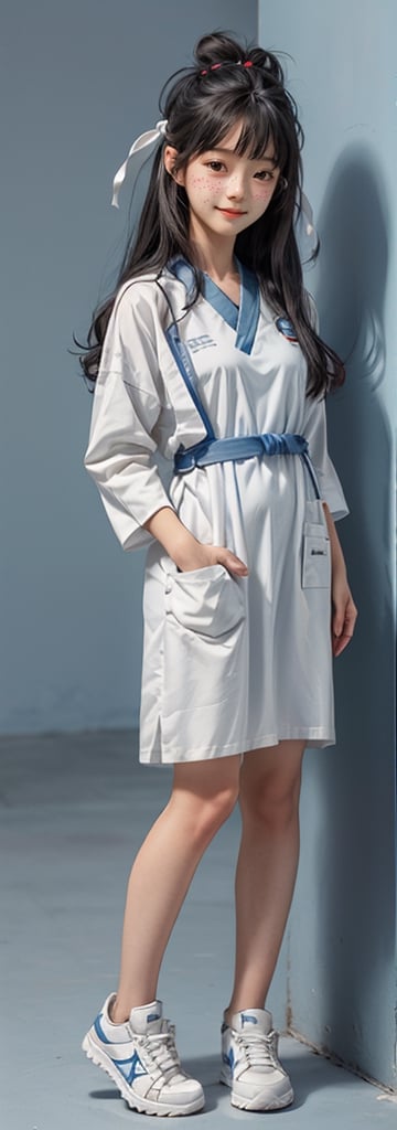 1girl,solo, full body, long hair, glasses, ((white lab gown)), looking at viewer, blue background, black hair, standing, simple background, two side up, blue eyes, lips, closed mouth, red ribbon, hair ribbon, bangs, sneakers, parted bangs, buns, nose, Haerin_NJ