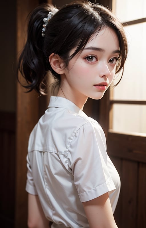 ((Diagonal angle)),((looking back)),((smirk)),side ponytail,walking,school chapel,masterpiece, best quality, highres, 1girl, japanese,(8k, RAW photo, best quality, masterpiece:1.2),ultra detailed,ultra high res,(realistic, photo realistic:1.2),high detail RAW color photo,professional photograph,an extremely delicate and beautiful,extremely detailed,8k wallpaper,Amazing,finely detail,huge file size,official art,extremely detailed CG unity 8k wallpaper,extremely detailed beautiful girl,extremely detailed face,extremely detailed eyes,extremely detailed skin,extremely detailed fingers,extremely detailed nose,extremely detailed mouth,perfect anatomy,highly detailed background,highly intricate background,extremely detailed clothing,1girl,(15 years old:1),teenage,cute girl,(famous japanese idol nogizaka),kawaii,realistic body,fair skin,shiny skin,slender body,good figure,black hair,short hair:1.2,smile,cute,young,cute face,pretty face,realistic face,small face,beautifully detailed eyes,(beautiful big eyes),(large dark eyes),(beautiful and clear eyes),White and neat teeth
