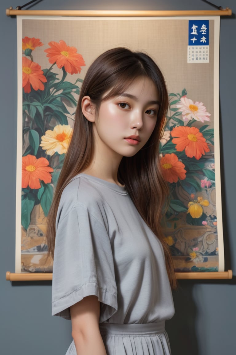 Kei Mieno inspired, Art exhibition poster, She's a beautiful young European teen girl. in a gallery. in front of the tapestries hung on the walls. looking at us. he is standing. We see the woman's entire body. There is a vase and flowers right next to it. gray walls. There is cinematic lighting.