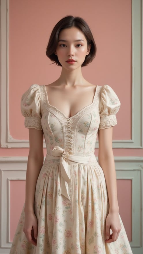 Create a portrait of a woman in a vintage, patterned dress set against a pastel-colored, symmetrical background. The composition should evoke a whimsical, meticulously arranged scene with soft, muted colors, capturing the essence of a style inspired by Wes Anderson's distinctive aesthetic. The woman has a subtle, enigmatic smile and is positioned in the center of the frame. The scene combines elements of retro fashion and nostalgia, blending classic art with modern, whimsical filmmaking styles.
