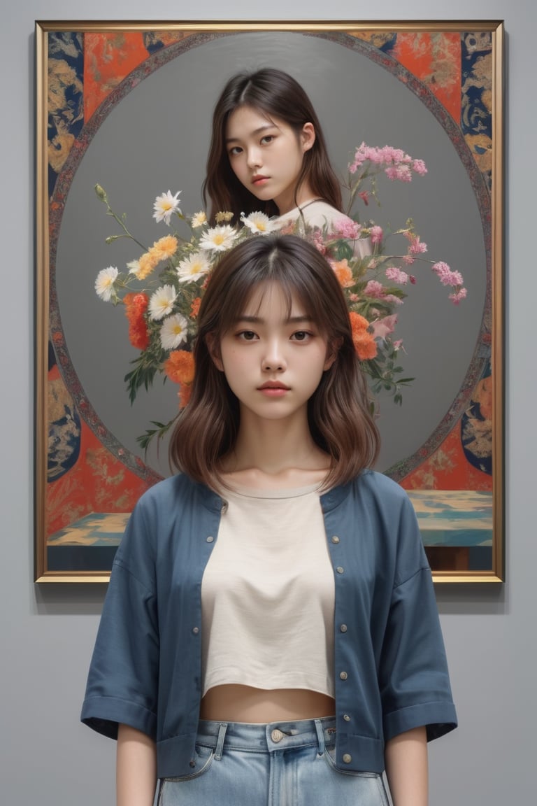 Kei Mieno inspired, Art exhibition poster, She's a beautiful young European teen girl. in a gallery. in front of the tapestries hung on the walls. looking at us. he is standing. We see the woman's entire body. There is a vase and flowers right next to it. gray walls. There is cinematic lighting.