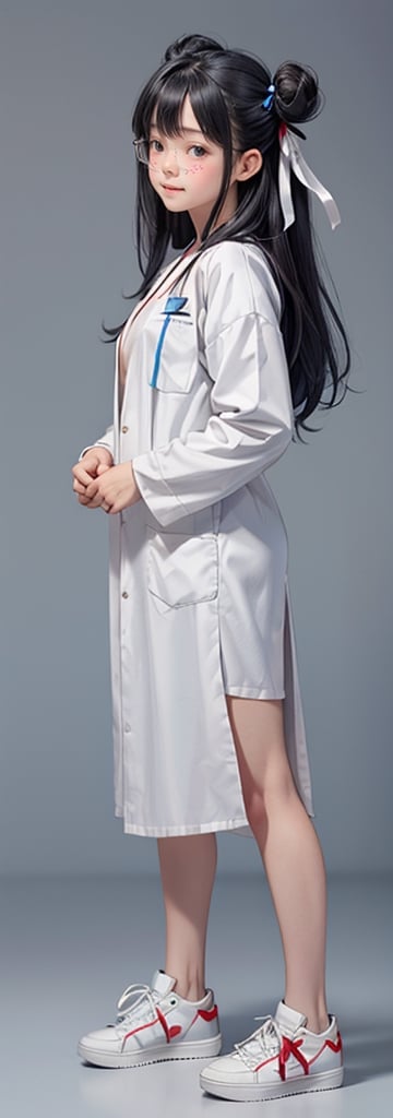 1girl,solo, full body, long hair, glasses, ((white lab gown)), looking at viewer, blue background, black hair, standing, simple background, two side up, blue eyes, lips, closed mouth, red ribbon, hair ribbon, bangs, sneakers, parted bangs, buns, nose, Haerin_NJ