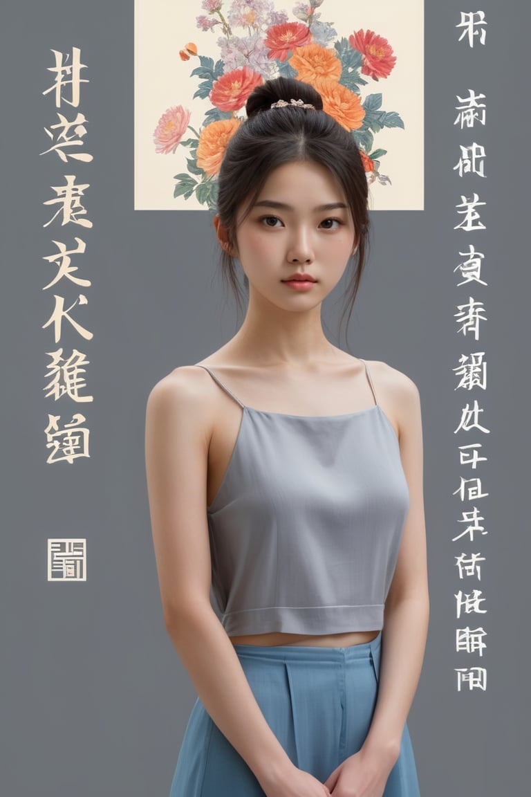 Han Wu Shen inspired, Art exhibition poster, She's a beautiful young teen European-Japanese woman. in a gallery. in front of the tapestries hung on the walls. looking at us. he is standing. We see the woman's entire body. There is a vase and flowers right next to it. gray walls. There is cinematic lighting.