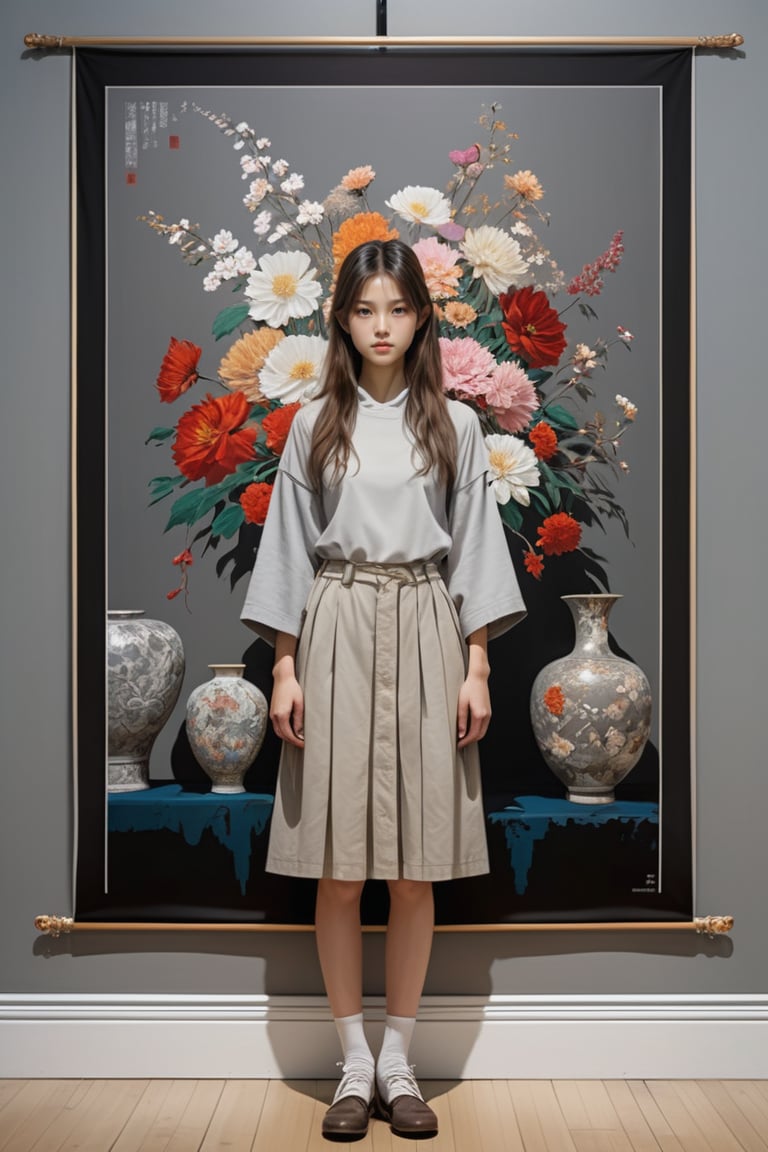 Ahitaka Amano inspired, Art exhibition poster, She's a beautiful young European teen girl. in a gallery. in front of the tapestries hung on the walls. looking at us. he is standing. We see the woman's entire body. There is a vase and flowers right next to it. gray walls. There is cinematic lighting.