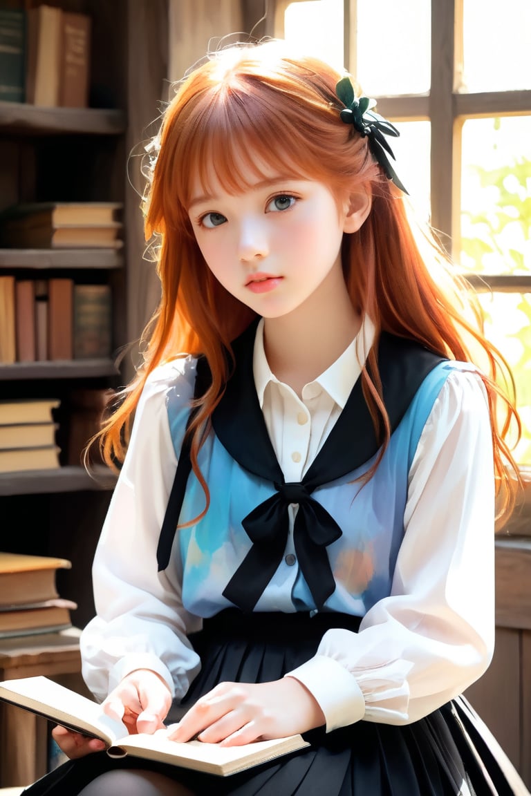 A delicate illustration of a stunning goth girl, reminiscent of Studio Ghibli's whimsical style. The subject, a beautiful teenager with ginger hair, sits amidst rustic surroundings, illuminated by natural light. She wears a plain white shirt with collar and a flowing black pleated skirt, holding books close to her chest. Her blush-pink cheeks and soft, bouncy skin invite tender touch. Embarrassment and exhaustion radiate from her tired eyes, yet her innocent charm is undeniable. The sketchbook-style illustration features bold dark lines, loose strokes, and subtle texture on watercolor paper, as if executed by a master artist like Alphonse Mucha or William-Adolphe Bouguereau.