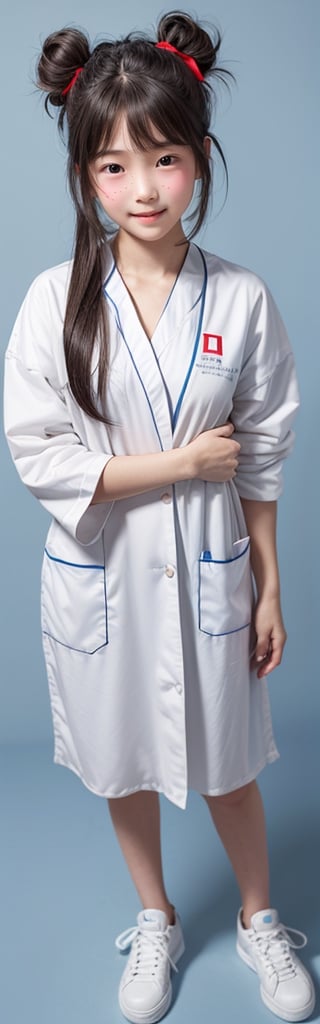 1girl,solo, full body, long hair, glasses, ((white lab gown)), looking at viewer, blue background, black hair, standing, simple background, two side up, blue eyes, lips, closed mouth, red ribbon, hair ribbon, bangs, sneakers, parted bangs, buns, nose, Haerin_NJ