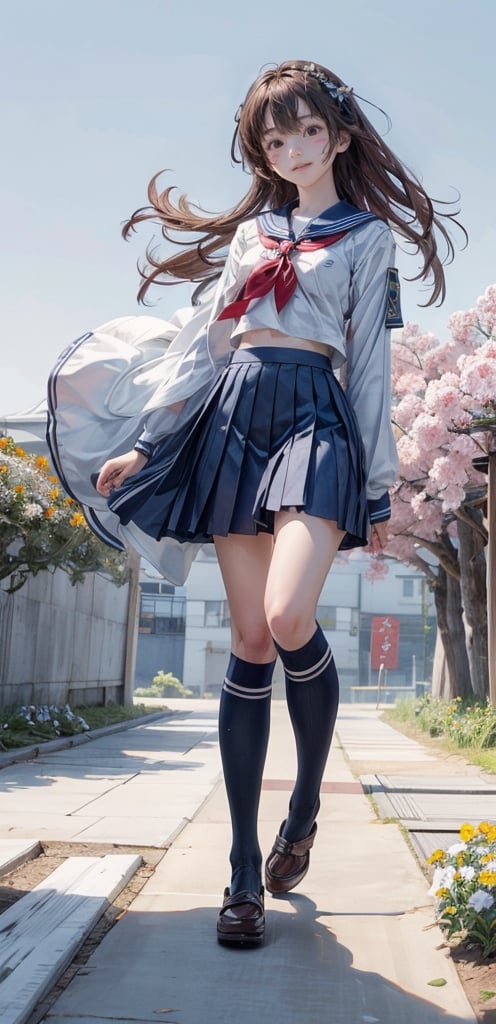 1 French-Japanese  girl, full body, small breasts, looking at viewer, blue eyes, brown hair, holding, standing, japanese serafuku uniform,white background,flower garden,blue and white school uniform,running, wind blown,portrait,AgoonGirl