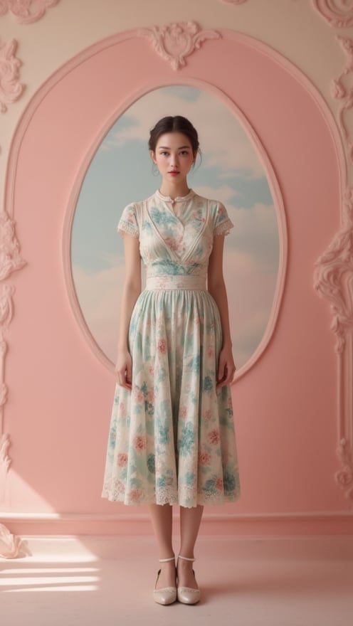 Create a portrait of a woman in a vintage, patterned dress set against a pastel-colored, symmetrical background. The composition should evoke a whimsical, meticulously arranged scene with soft, muted colors, capturing the essence of a style inspired by Wes Anderson's distinctive aesthetic. The woman has a subtle, enigmatic smile and is positioned in the center of the frame. The scene combines elements of retro fashion and nostalgia, blending classic art with modern, whimsical filmmaking styles.
