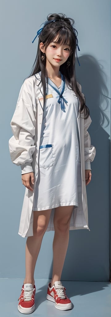 1girl,solo, full body, long hair, glasses, ((white lab gown)), looking at viewer, blue background, black hair, standing, simple background, two side up, blue eyes, lips, closed mouth, red ribbon, hair ribbon, bangs, sneakers, parted bangs, buns, nose, Haerin_NJ