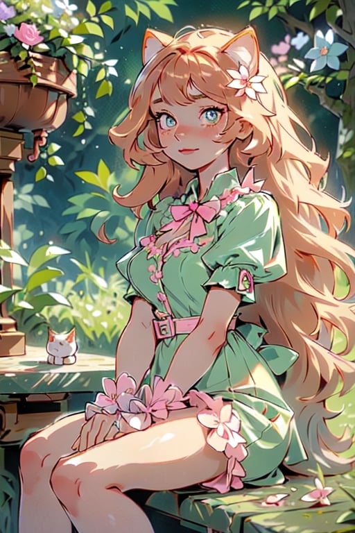 professional dslr  photo of cat girl sitting next to cat ,curly blond hairs, forest , pink flower dress ,detailed skin, detailed eyes, finely detailed hair, volumetric light, highrez, masterpiece, best quality, royal cenematic  high quality best quality 32k resolution 
,Indian,1 girl,Detailedface,TinkerWaifu