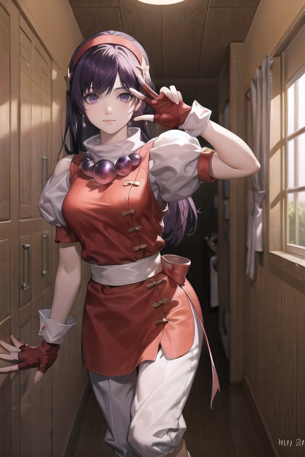 asamiya_red_top_ownwaifu,hairband,long hair,red hairband,fingerless gloves,gloves,jewelry,purple hair,star (symbol),hair ornament,purple eyes,star hair ornament,breasts,necklace,earrings,short sleeves,dress,puffy sleeves,red gloves,puffy short sleeves,sash,pants,red dress,bangs,

masterpiece,best quality,ultra detailed, 8k, cinematic light,highly detailed, scenery,pose,solo,looking at viewer,