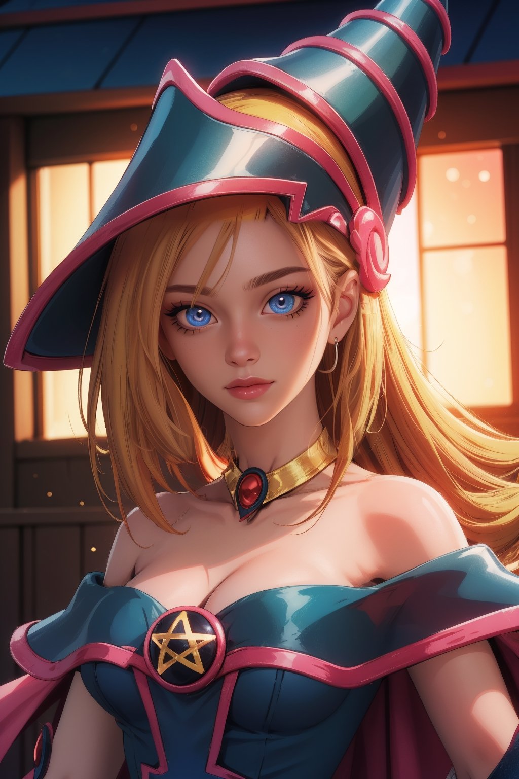 straight-on, upper body, solo, BREAKANIME_dark_magician_girl_YuGiOh_ownwaifu, www.ownwaifu.com,blonde hair, long hair, dark magician girl,breasts, hair between eyes, medium breasts, blue eyes, bangs, collarbone, spiked hair, blush stickers, large breasts, green eyes, bare shoulders, blue headwear, choker, duel monster, hat, wizard hat, cleavage, blue leotard, jewelry, gem, necktie, star \(symbol\), vambraces, pentacle, bracer,pelvic_curtain,hexagram,,, official art,extremely detailed CG unity 8k wallpaper, perfect lighting,Colorful, Bright_Front_face_Lighting,shiny skin, (masterpiece:1.0),(best_quality:1.0), ultra high res,4K,ultra-detailed, photography, 8K, HDR, highres, (absurdres:1.2), Kodak portra 400, film grain, blurry background, (bokeh:1.2), lens flare, (vibrant_color:1.2),professional photograph, (beautiful_face:1.5),
,ANIME_dark_magician_girl_YuGiOh_ownwaifu