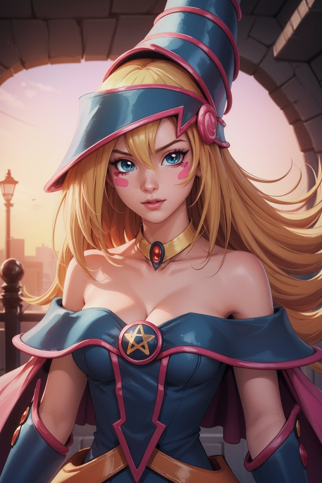 straight-on, upper body, solo, BREAKANIME_dark_magician_girl_YuGiOh_ownwaifu, www.ownwaifu.com,blonde hair, long hair, dark magician girl,breasts, hair between eyes, medium breasts, blue eyes, bangs, collarbone, spiked hair, blush stickers, large breasts, green eyes, bare shoulders, blue headwear, choker, duel monster, hat, wizard hat, cleavage, blue leotard, jewelry, gem, necktie, star \(symbol\), vambraces, pentacle, bracer,pelvic_curtain,hexagram,,, official art,extremely detailed CG unity 8k wallpaper, perfect lighting,Colorful, Bright_Front_face_Lighting,shiny skin, (masterpiece:1.0),(best_quality:1.0), ultra high res,4K,ultra-detailed, photography, 8K, HDR, highres, (absurdres:1.2), Kodak portra 400, film grain, blurry background, (bokeh:1.2), lens flare, (vibrant_color:1.2),professional photograph, (beautiful_face:1.5),
,ANIME_dark_magician_girl_YuGiOh_ownwaifu