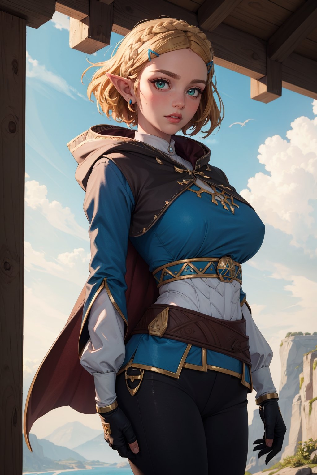 (masterpiece, best quality:1.4), (extremely detailed, 8k, uhd), cinematic shot, natural lighting, ultra highres, princess_zelda_aiwaifu,aiwaifu,pointy ears,braid,hair ornament,hairclip,gloves,fingerless gloves,blue shirt,shirt,long sleeves,crown braid,bangs,pants,black gloves,green eyes,parted bangs,black pants,short hair,long hair,cape,sidelocks,hood,thick eyebrows,jewelry,hooded cape,belt,tight pants,tight,large breasts,puffy sleeves,princess_zelda_aiwaifu