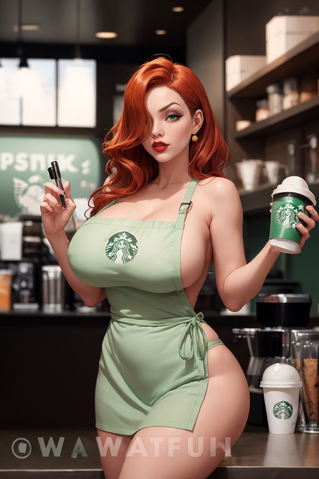 good anatomy, masterpiece, best quality, 4k, 8k, professional photography, soft light, sharp focus,1girl,
 meme_iced_latte_with_breast_milk_ownwaifu, ownwaifu,starbucks,
cafe, blurry background, bokeh, light particles, apron, barista, collarbone, cup, green_apron, coffee, holding, holding_cup,
iced_latte_with_breast_milk_(meme), looking_at_viewer, meme, naked_apron, solo, depth of field,
CARTOON_jessica_rabbit_aiwaifu,aiwaifu,hair over one eye,red hair,narrow waist,very long hair, big hair, tall female, toned,makeup,lipstick,large breasts,eyeshadow,jewelry,earrings,green eyes,huge breasts,red lips,lips,curvy,wide hips,one eye covered, 
 ,meme_iced_latte_with_breast_milk_ownwaif,CARTOON_jessica_rabbit_aiwaifu