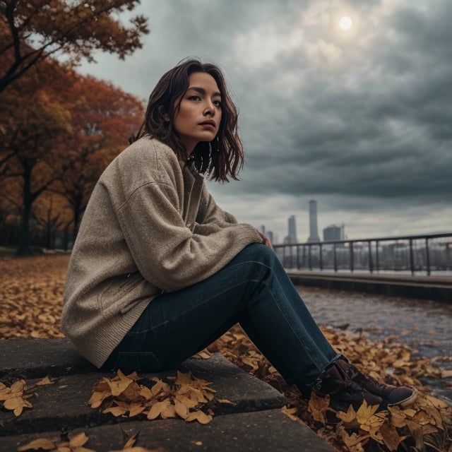 Brooklyn autumn , drammatic light, wind and rain, woman sits on the starcase, ultra detail,  high resolution,  very detailed face,  best quality,  masterpiece,  very detailed,  very detailed, unification,    fine details,  b/w photo,  top quality,  highly  8k wallpaper