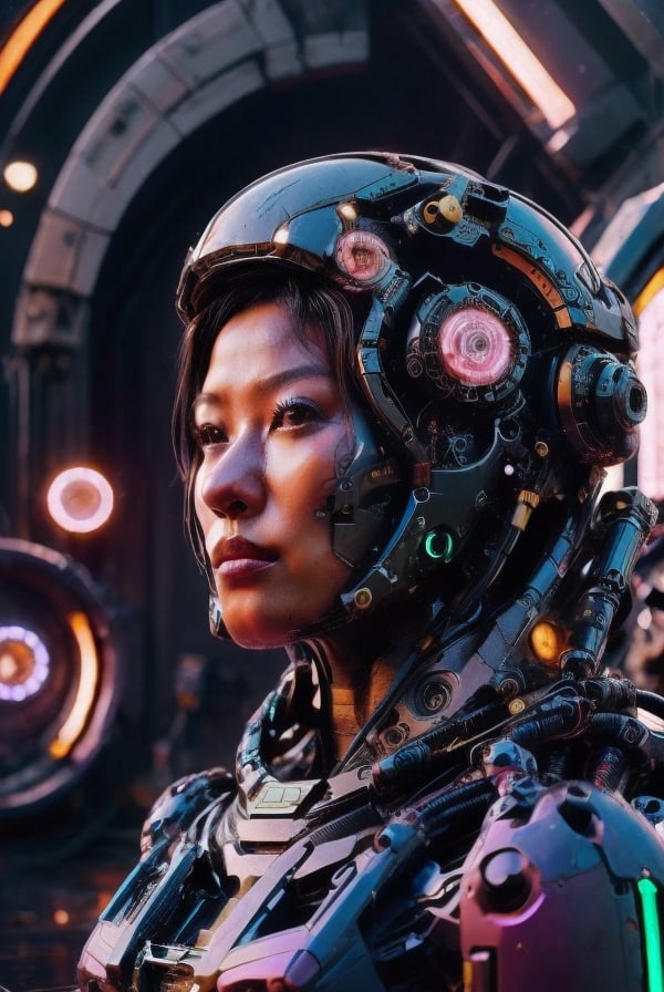 photorealistic,Mecha body,cyberfusion, (realistic:1.3), finely detailed, face human quality, cyberpunk ambient lighting, (masterpiece:1.2), (photorealistic:1.2), sexy face, model face, 
(best quality), (detailed skin:1.3), (intricate details), dramatic, ray tracing, 1girl, japanese girl, symmetrical armor,
30 years old, detailed skin texture, (blush:0.5), (goosebumps:0.5), subsurface scattering, short hair, 
hair between eyes, blush, bangs, mecha, headgear, science fiction, mechanical arms, glowing parts, 
robot joints, cybernetic, cyberpunk, dynamic pose, (indoors, space station, complex machinery, 
futuristic parts,