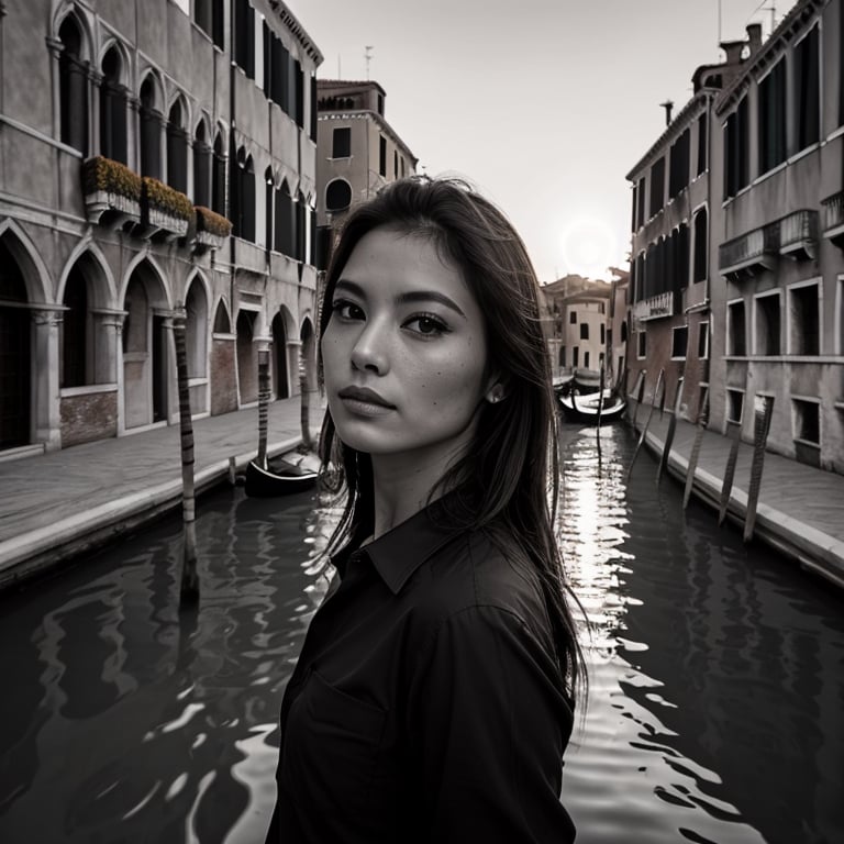 Venice autumn , Venice grand canal sunset, wind, woman glamour pose,  shirt ultra detail,  sensual mouth high resolution,  very detailed face,  best quality,  masterpiece,  very detailed,  very detailed, unification, fine details,  b/w photo,  top quality,  highly  8k wallpaper, 