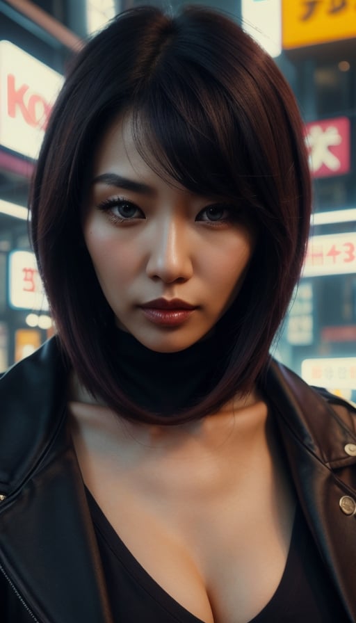 Sexy chinese mom, cyberpunk style, 8k, best quality, perfect nose, perfects lips, tailleur, normal breasts, tanned skin, masterpiece,  high quality eyes,  by lee jeffries Leica M11,  film stock photograph 4 kodak camera f1.6 lens rich colors hyper realistic , 28 years old, perfect body, short hair,C7b3rp0nkStyle.