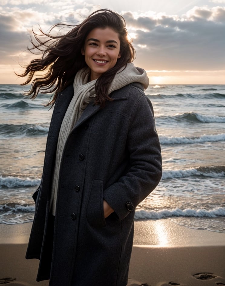 winter, girl walks along the sea, smiles, 10 K photo perfect face, perfect eyes, rough sea, very windy, sitting on the sand, (realistic:1.3), finely detailed, quality, rembrandt lighting, (masterpiece:1.2), (photorealistic:1.2), Leica M11 Camera, 34 mm lens, 
(best quality), (detailed skin:1.3), (intricate details), dramatic, ray tracing, 1girl,photorealistic