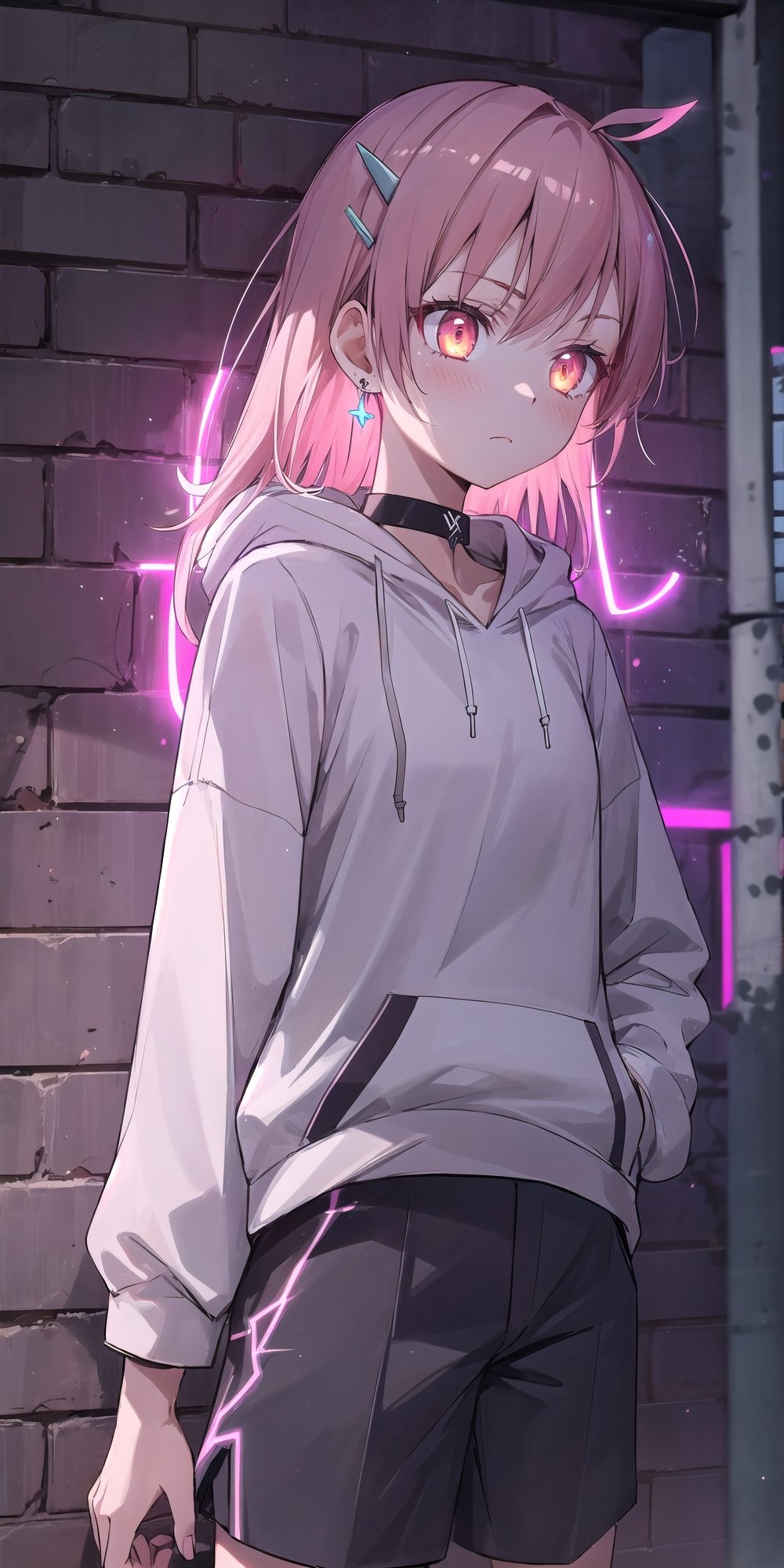 masterpiece, best quality, absurdres, perfect anatomy, 1girl, solo, earrings, sharp eyes, choker, neon shirt, open jacket, turtleneck sweater, night, against wall, brick wall, graffiti, dim lighting, alley, looking down, cats ears,1girl hairclip,Neon Light, blushing, glowing eyes, neon eyes, neon clothes, glow_in_the_dark, hoodie, hooded, short_pants, black clothes, hand_in_pocket, tsunderia, hooding, arrgant, has a Lightning power, light from hand