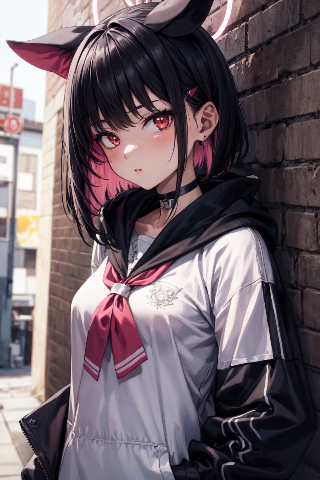 masterpiece, best quality, absurdres, perfect anatomy, 1girl, solo, earrings, sharp eyes, choker, neon shirt, open jacket, turtleneck sweater, night, against wall, brick wall, graffiti, dim lighting, alley, looking at viewer,kazusadef