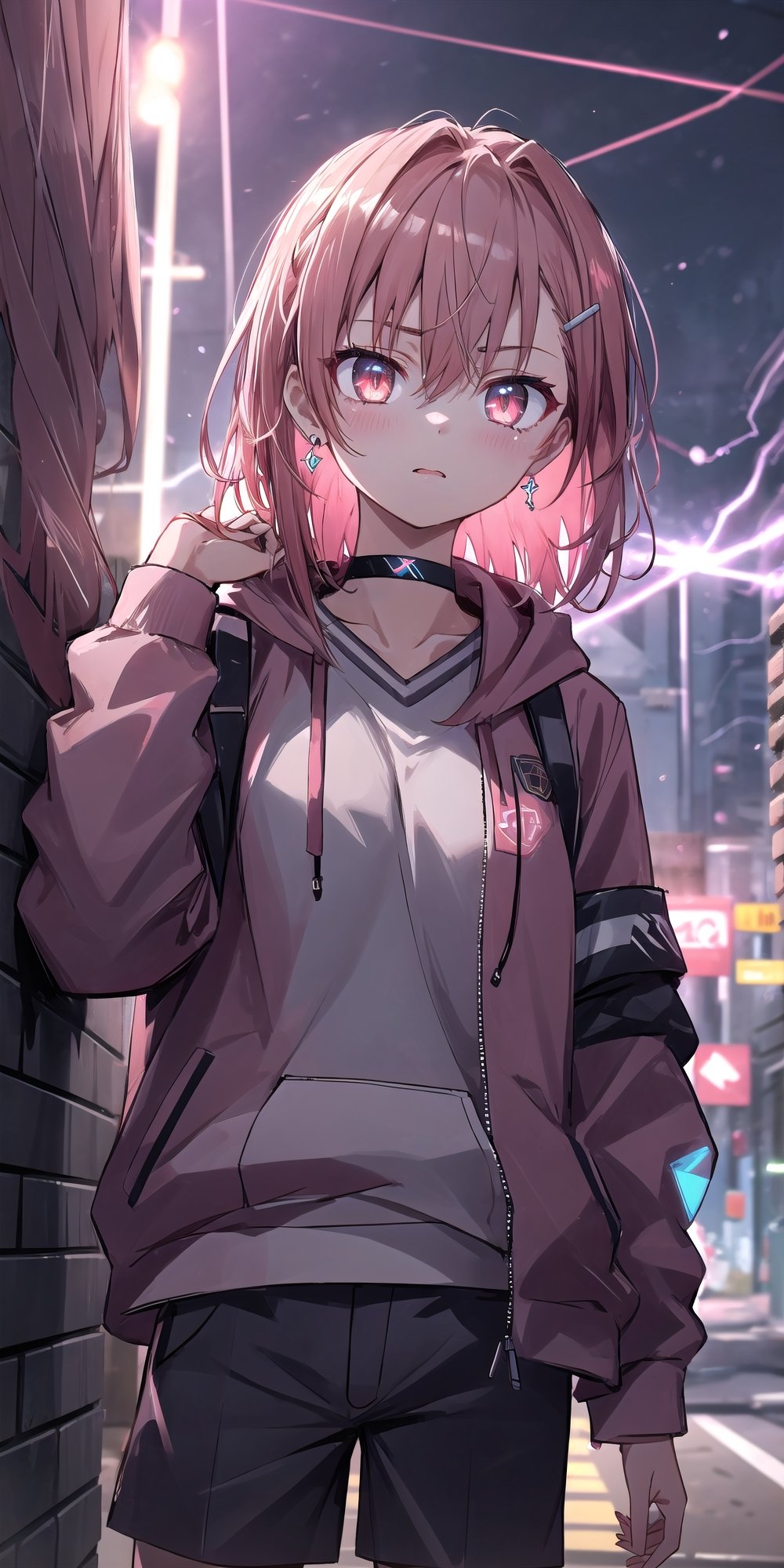 masterpiece, best quality, absurdres, perfect anatomy, 1girl, solo, earrings, sharp eyes, choker, neon shirt, open jacket, turtleneck sweater, night, against wall, brick wall, graffiti, dim lighting, alley, looking_to_side, cats ears,1girl hairclip,Neon Light, blushing, glowing eyes, neon eyes, neon clothes, glow_in_the_dark, hoodie, hooded, short_pants, black clothes, hand_in_pocket, tsunderia, hooding, arrgant, has a Lightning power, lighting from hand, Lightning from her eyes,lighting eyes, don't looking at viewer