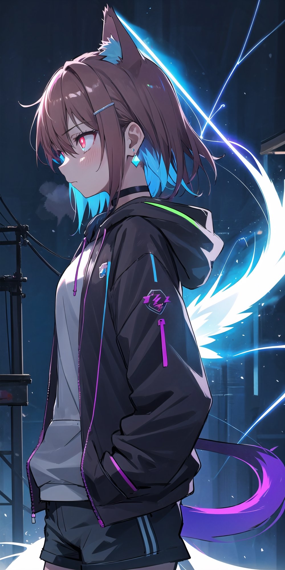 masterpiece, best quality, absurdres, perfect anatomy, 1girl, solo, earrings, sharp eyes, choker, neon shirt, open jacket, turtleneck sweater, night, dim lighting, alley, cats ears,1girl hairclip,Neon Light, blushing, glowing eyes, neon eyes, neon clothes, glow_in_the_dark, hoodie, hooded, short_pants, black clothes, hand_in_pocket, tsunderia, hooding, arrgant, has a Lightning power, lighting from hand, Lightning from her eyes,lighting eyes, profile, dark theme, sad theme, multicolored eyes, flaming tail eyes, flaming eyes, flaming_tail