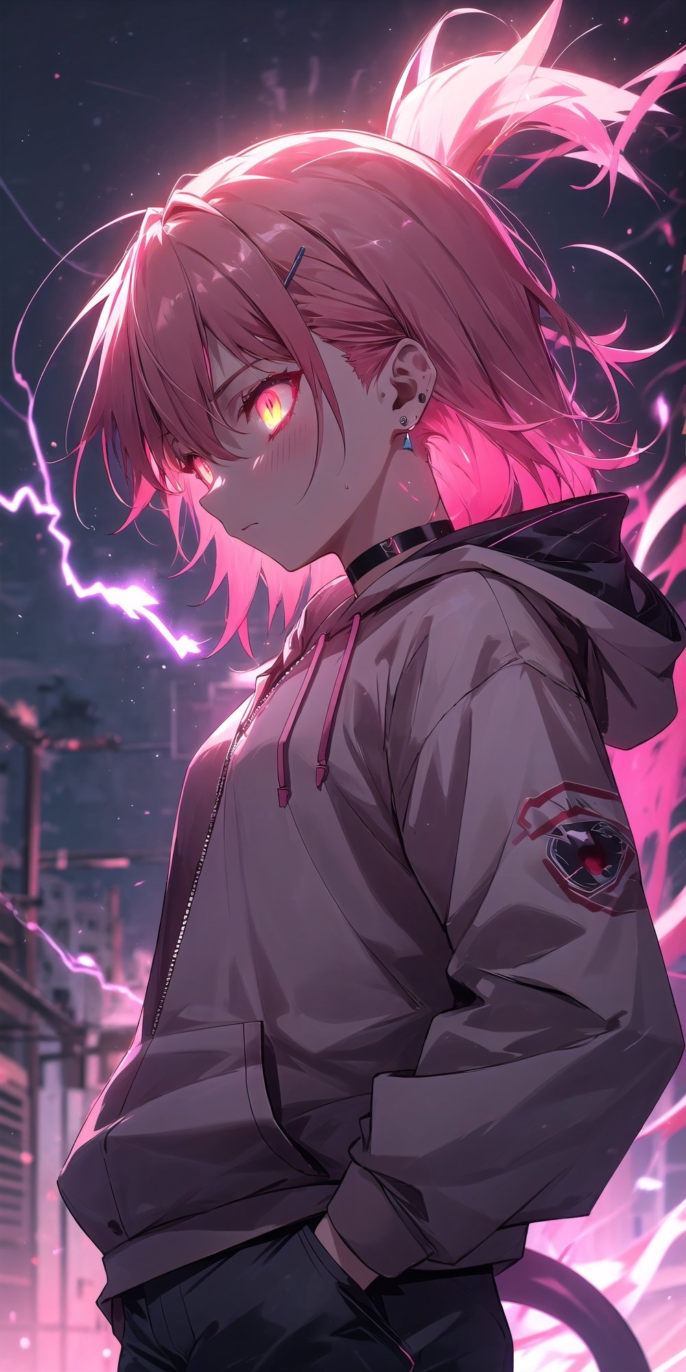 masterpiece, best quality, absurdres, perfect anatomy, 1girl, solo, earrings, sharp eyes, choker, neon shirt, open jacket, turtleneck sweater, night, dim lighting, alley, cats ears,1girl hairclip,Neon Light, blushing, glowing eyes, neon eyes, neon clothes, glow_in_the_dark, hoodie, hooded, short_pants, black clothes, hand_in_pocket, tsunderia, hooding, arrgant, has a Lightning power, lighting from hand, Lightning from her eyes,lighting eyes, profile, dark theme, sad theme, multicolored eyes, flaming tail eyes, flaming eyes, flaming_tail,r1ge