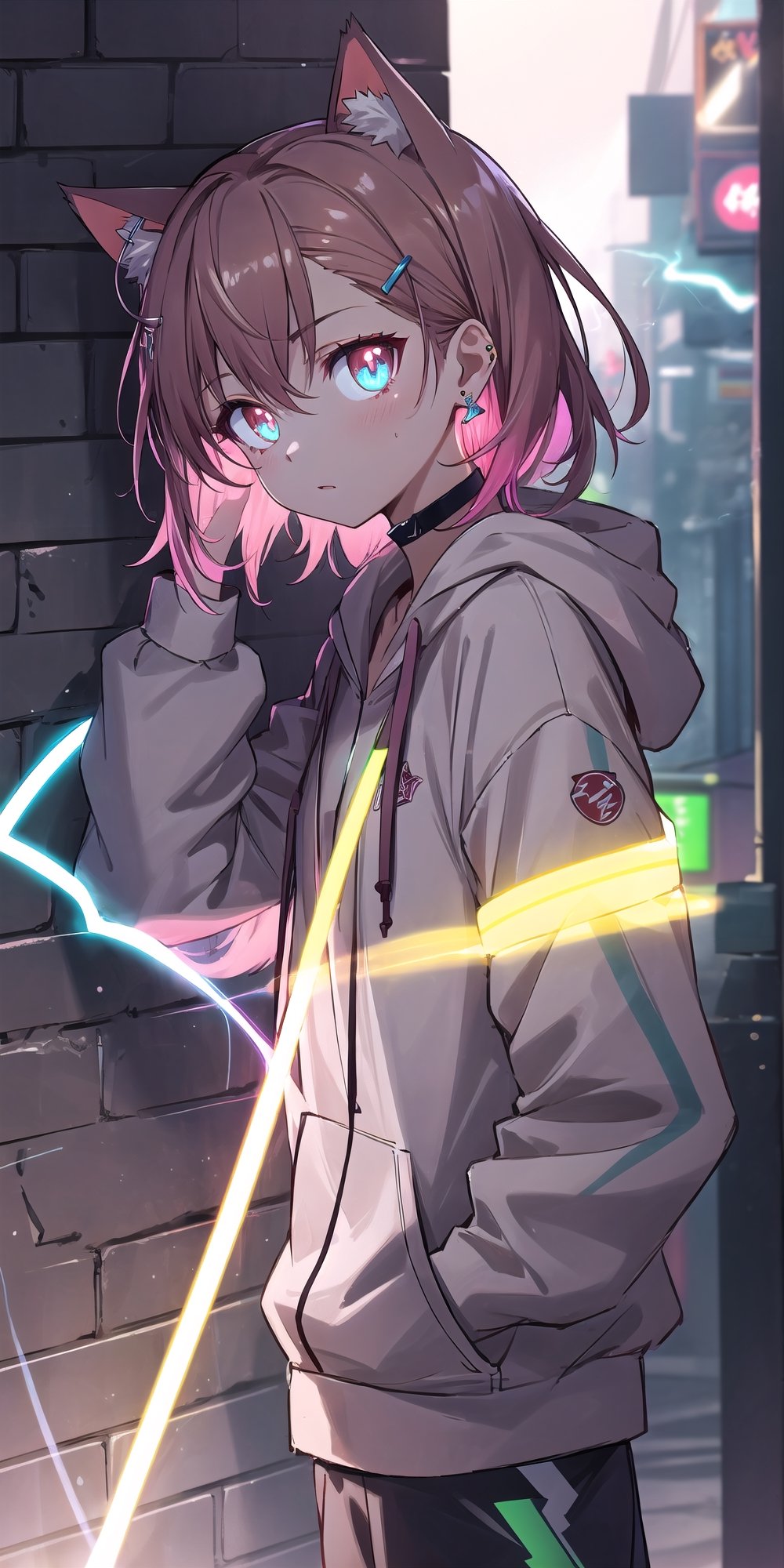 masterpiece, best quality, absurdres, perfect anatomy, 1girl, solo, earrings, sharp eyes, choker, neon shirt, open jacket, turtleneck sweater, night, against wall, brick wall, graffiti, dim lighting, alley, looking_to_side, cats ears,1girl hairclip,Neon Light, blushing, glowing eyes, neon eyes, neon clothes, glow_in_the_dark, hoodie, hooded, short_pants, black clothes, hand_in_pocket, tsunderia, hooding, arrgant, has a Lightning power, lighting from hand, Lightning from her eyes,lighting eyes, don't looking at viewer, side_view
