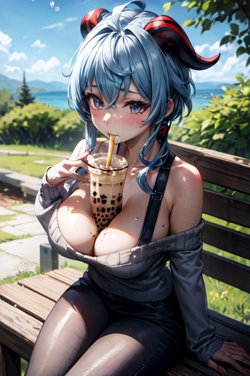 masterpiece, detailed, ganyurnd, objbetween, sweater, bubble tea between breast, sucking on straw, sitting on bench, cleavage,