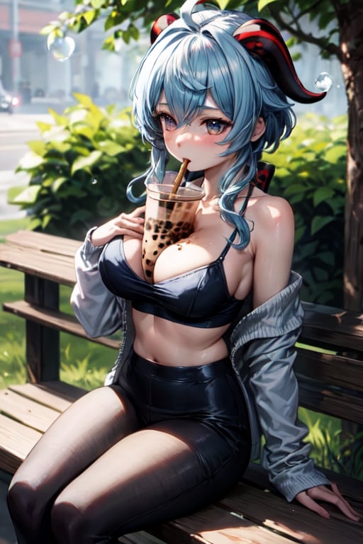 masterpiece, detailed, ganyurnd, objbetween, sweater, bubble tea between breast, sucking on straw, sitting on bench, cleavage,