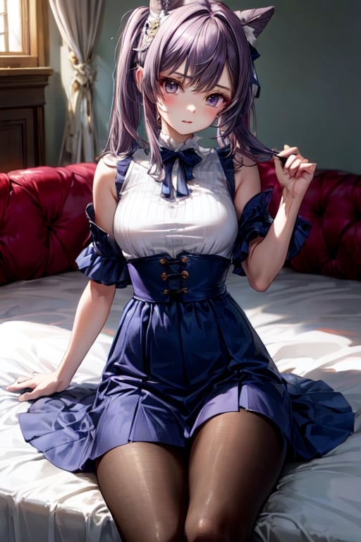 masterpiece, detailed, long hair, (slim body), bed, (virgin killer outfit, high-waist skirt, pantyhose), (keqingrnd)