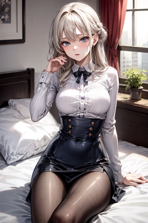 masterpiece, detailed, long hair, (slim body), bed, virgin killer outfit, high-waist skirt,