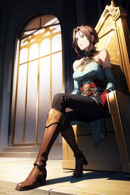 masterpiece, detailed, mature_female, throne, gloves, bare shoulders, boots, sleeveless, belt, pants, armor, brown footwear, black pants, knee boots, brown gloves, sitting