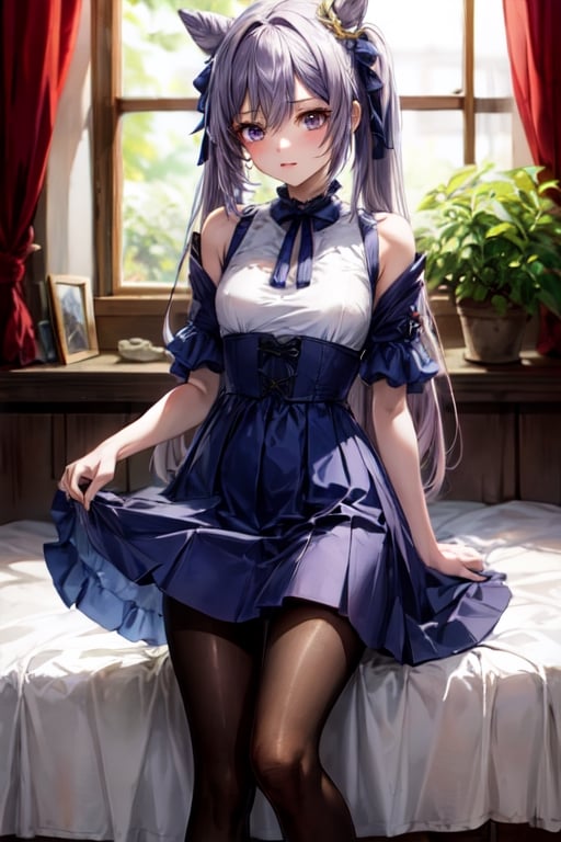 masterpiece, detailed, long hair, (slim body), bed, (virgin killer outfit, high-waist skirt, pantyhose), (keqingrnd)