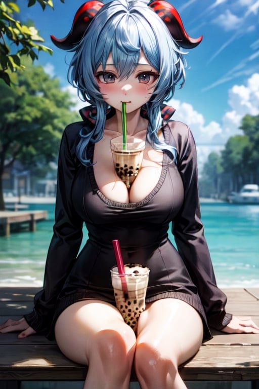 masterpiece, detailed, ganyurnd, objbetween, sweater, bubble tea between breast, sucking on straw, sitting on bench, cleavage,