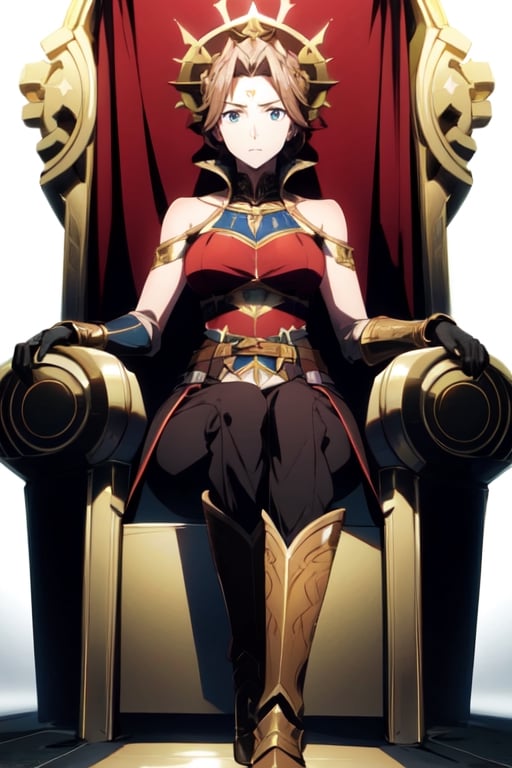 masterpiece, detailed, mature_female, throne, gloves, bare shoulders, boots, sleeveless, belt, pants, armor, brown footwear, black pants, knee boots, brown gloves, sitting