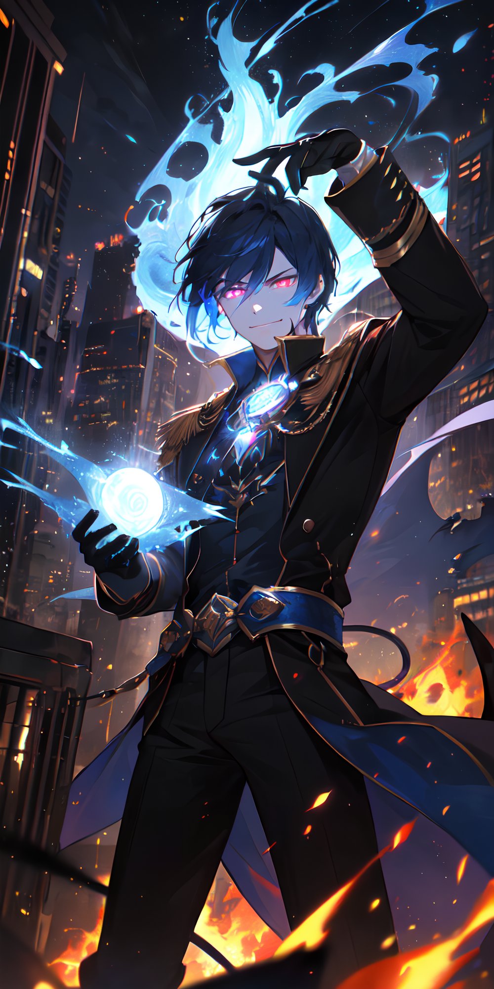 solo, male, male focus, glowing, glowing eyes, volumetrics dtx,film grain, bokeh, depth of field, ((masterpiece, best quality)), destroyed city in background, demon, thick blue hair, arrogant smile, demon,red motion flaming eye,blue FIRE, The Emperor of Magic,flaming eye, manly, evil, full_body