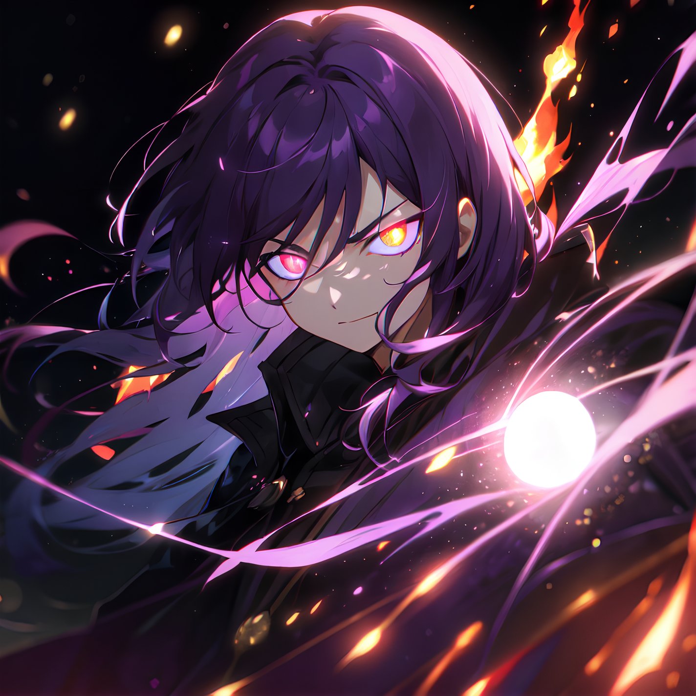 solo, male, upper body, male focus, glowing, glowing eyes, volumetrics dtx,film grain, bokeh, depth of field, motion blur, ((masterpiece, best quality)), dark background, demon, thick purple hair, arrogant smile, demon,purple motion flaming eye,purple FIRE, The Emperor of Magic,flaming eye