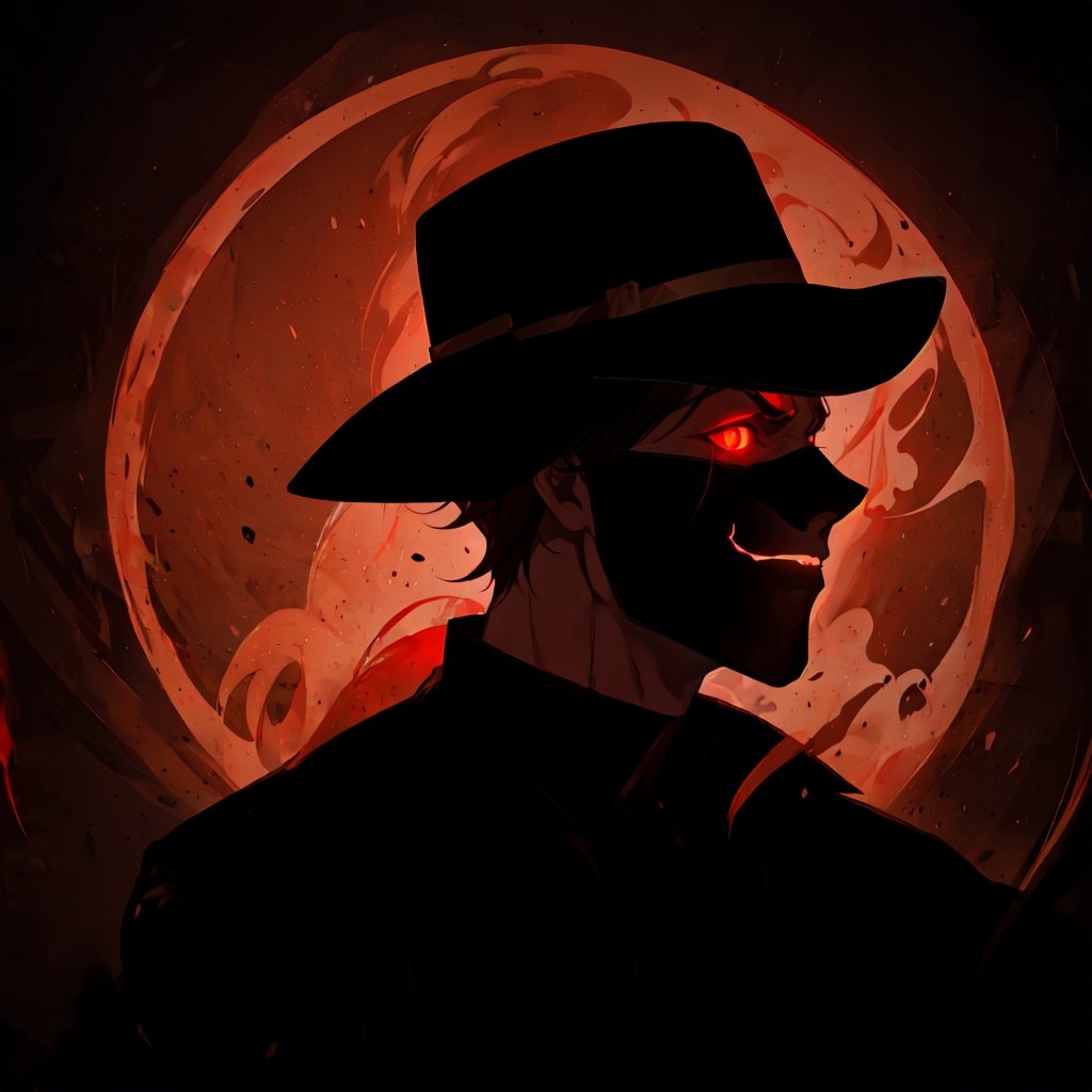 solo, male, upper body, male focus, glowing, glowing eyes, volumetrics dtx,film grain, bokeh, depth of field, motion blur, ((masterpiece, best quality)), dark background, demon, thick black hair, arrogant smile, demon,red motion flaming eye,red FIRE, The Emperor of Magic,flaming eye, full mask, hat