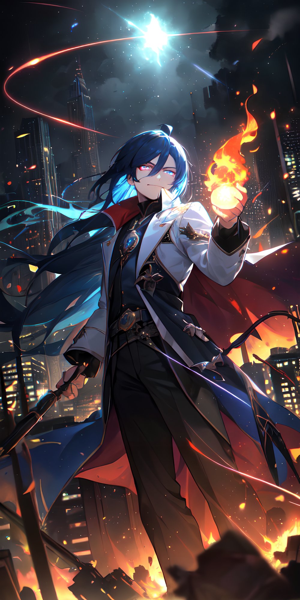 solo, male, male focus, glowing, glowing eyes, volumetrics dtx,film grain, bokeh, depth of field, ((masterpiece, best quality)), destroyed city in background, demon, thick blue hair, arrogant smile, demon,red motion flaming eye,blue FIRE, The Emperor of Magic,flaming eye, manly, evil, full_body