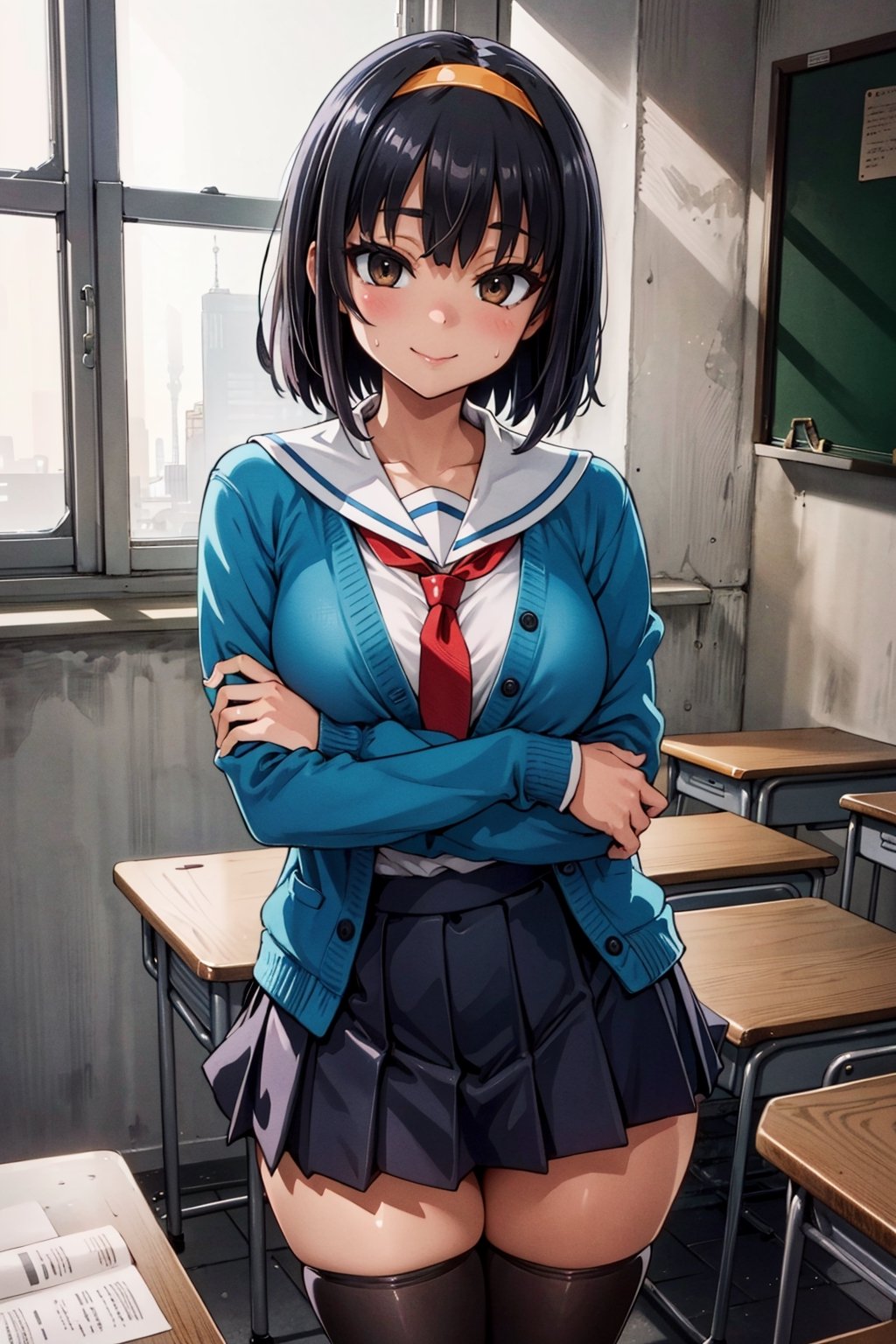 In this meticulously crafted masterpiece, a captivating girl graces the familiar setting of a school classroom, adorned in the iconic Kita High School uniform. The artist's attention to detail transcends conventional standards, creating a hyper-super-ultra-detailed perfect piece that sets a new standard for excellence.

With a seductive smile that adds an alluring touch to her demeanor, the girl sits in a poised manner, crossing her arms and legs. Her brown eyes gaze directly at the viewer, conveying both confidence and charm. A subtle sweatdrop and an open-clothes expression add a hint of playfulness to the overall scene.

Dressed in the distinguished Kita High School uniform, the blue sailor collar and skirt perfectly complement her brown loafers and black legwear. A red necktie and ribbon add a pop of color to the ensemble, enhancing the visual appeal. The green jacket casually draped over her shoulders completes the stylish and attractive schoolgirl look.

The school desk and chair form the backdrop, creating a realistic classroom scenery that adds a sense of familiarity to the composition. A dynamic interplay of light, achieved through raytracing, bloom, volumetric lighting, and the best shadows, casts a cinematic glow, elevating the overall visual experience.

The use of an 8k wallpaper resolution ensures that every meticulous detail, from the intricacies of her yellow hairband to the perfect anatomy and beautiful hands, is presented with amazing clarity. This illustration transcends traditional art, incorporating a level of detail that is both hyper-realistic and enchantingly beautiful.

This anime-inspired artwork stands as a testament to the artist's commitment to perfection, evident in the seductive, sexy, beautiful, and attractive elements meticulously woven into the composition. The 4k ultra-detailed designation, coupled with the highest quality and amazing details, solidifies its status as an unparalleled visual masterpiece. The inclusion of sazumiya haruhi adds an additional layer of intrigue, creating a collaborative beauty that is truly a sight to behold.