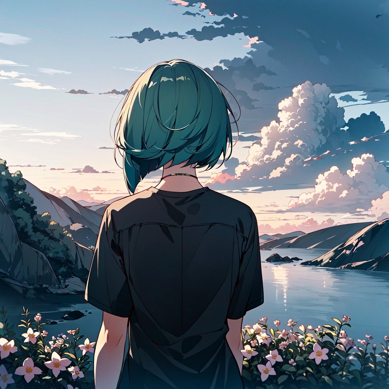 1girl, lima green hair, bob cut, clothing, facing away, female, from behind, grey sky, short hair, sky, solo, twilight, upper body, facing away, cloudy, sad, flowers, top cliff scenery, requiem, dark mood, dark colors, cloudy sky, long black shirt, yellow eyes