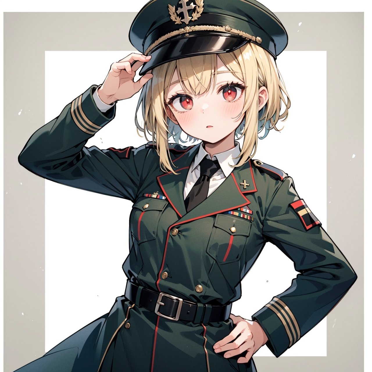 1girl, belt, blonde hair, blush, clothing, coat, cross, female, german army, hand on hip, hand on own hip, hat, headwear, iron cross, looking at viewer, military, military uniform, nazi, necktie, peaked cap, red eyes, reichsadler, rena (jiseki rena), short hair with long locks, solo, tsurime, uniform, masterpiece, best quality

