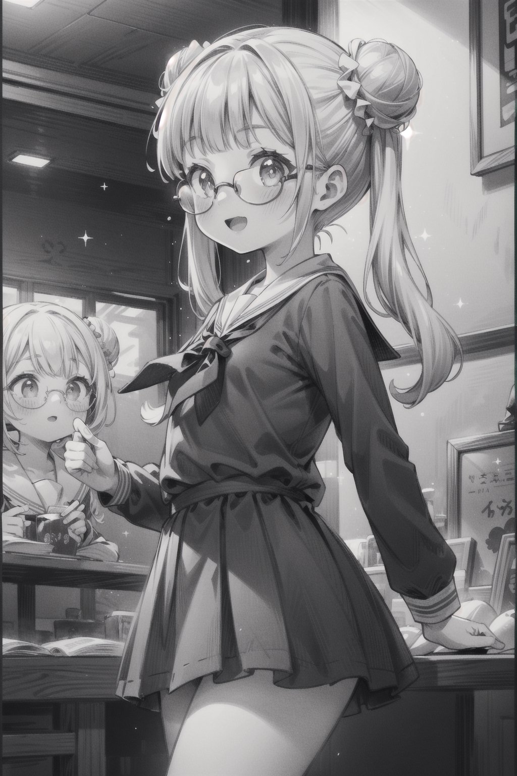 score_9, score_8_up, score_7_up, arm behind back, bespectacled, blunt bangs, blush, closed mouth, comic, double bun, drill hair, greyscale, hair bun, long hair, looking down, looking to the side, low twintails, monochrome, multiple girls, open mouth, outside border, round eyewear, school uniform, smile, sparkle, twintails, white, school background, yuigaoka school uniform, (Raytracing:1.2), Bloom, ((Vivid)), (Highest Quality, Amazing Details:1.25), Brilliant Colorful Paintings, Volumetric Lighting, Best Shadows, Shallow Depth of Field, beautiful detailed eyes, high resolution, 8k_wallpaper, vibrant eyes, extremely detailed background, jewel-like eyes, dynamic light, cinematic light, (motion lines:1.1), (ultra-detailed:1.3), sexy, masterpiece, best quality, dynamic pose